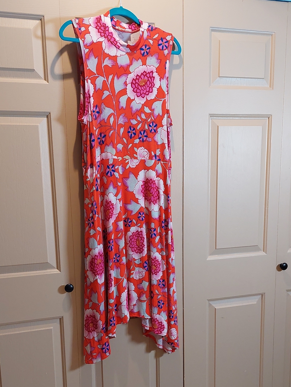 Anthropologie Bright Coral Floral Sleeveless Dress